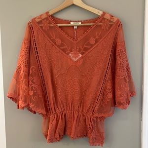 Coral Umgee Lacy Embroidered Top